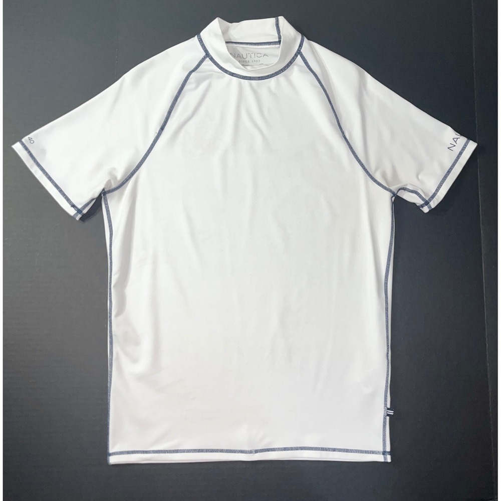 Nautica Performance Swim Shirt Mens Small Trim Fit White UPF 40 Rash Guard